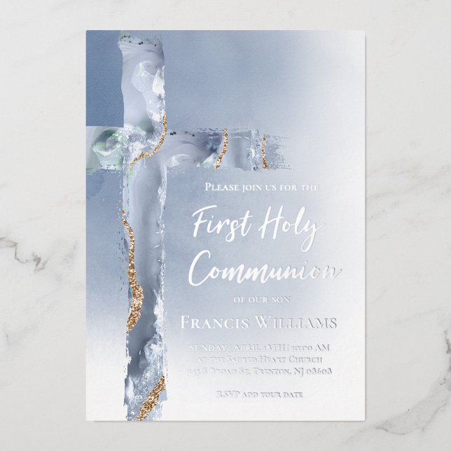 Erste Heilige Kommunion blaues Kreuz Folieneinladung (Vorderseite)
