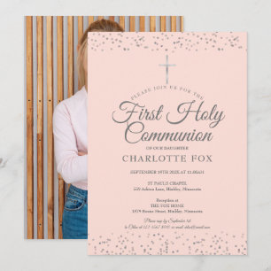 Erste heilige Kommunion Blush Pink Silber Foto Einladung