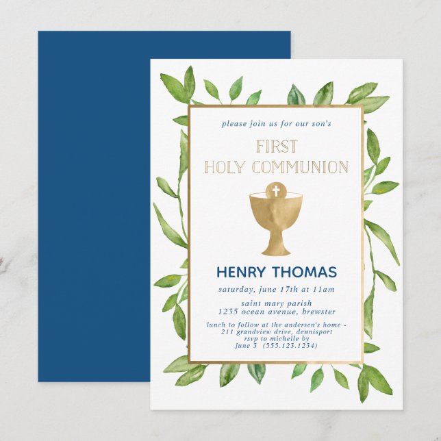 Erste Heilige Kommunion Botanische Vegetation Wass Einladung (Vorne/Hinten)