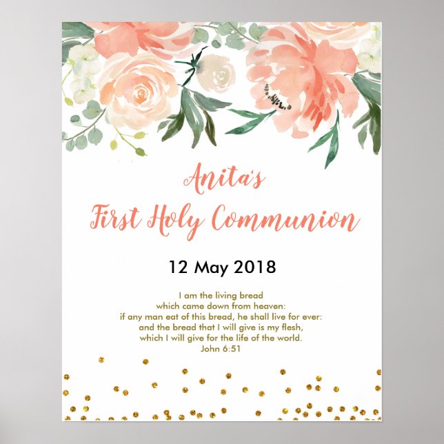 Erste Heilige Kommunion Christening Peach Party Ze Poster (Vorne)