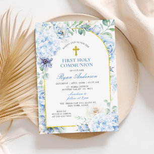 Erste heilige Kommunion Dusty Blue Floral Einladung