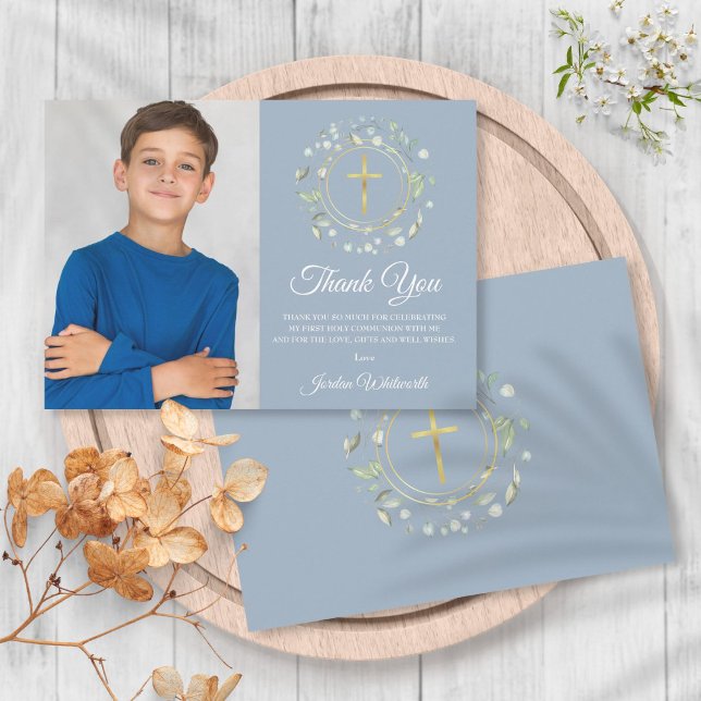 Erste Heilige Kommunion Dusty Blue Greenery Foto Dankeskarte (Von Creator hochgeladen)