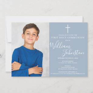 Erste heilige Kommunion Dusty Blue Schrift Foto Einladung