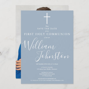 Erste Heilige Kommunion Dusty Blue Script Foto Save The Date