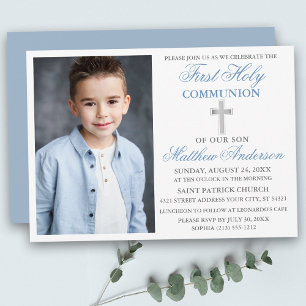 Erste Heilige Kommunion Dusty Blue Silver Foto Einladung
