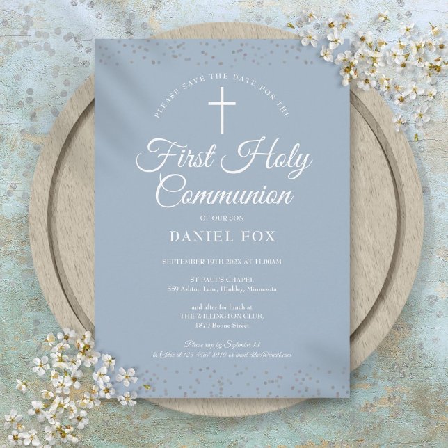 Erste Heilige Kommunion Dusty Blue Silver Stardust Save The Date (First Holy Communion Dusty Blue Silver Stardust Save The Date)