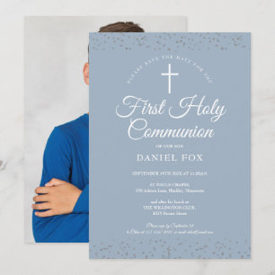 Erste heilige Kommunion Dusty Blue Stardust Foto Save The Date