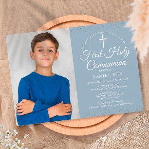 Erste heilige Kommunion Dusty Blue Stardust Foto Save The Date