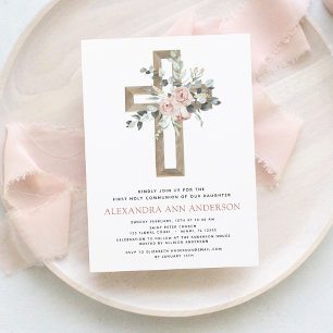 Erste Heilige Kommunion Dusty Pink Rose Grüne Einladung