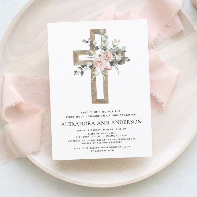 Erste Heilige Kommunion Dusty Pink Rose Grüne Einladung (Von Creator hochgeladen)