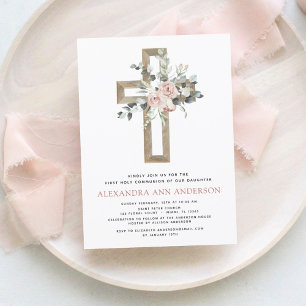 Erste Heilige Kommunion Dusty Pink Rose Grüne Einladung