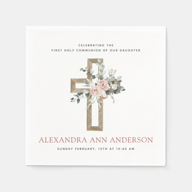 Erste Heilige Kommunion Dusty Pink Rose Serviette (Vorderseite)