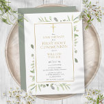 Erste Heilige Kommunion Elegant Grüne Save The Date<br><div class="desc">Mit zarten Aquarellfarben und einem eleganten Goldkruzifix ist diese genderneutrale First-Holy-Kommunion-Save the Date-Einladung mit Ihren speziellen Informationen personalisiert,  mit einem silbernen Hintergrund auf der Rückseite. Entwickelt von Thisisnotme©</div>