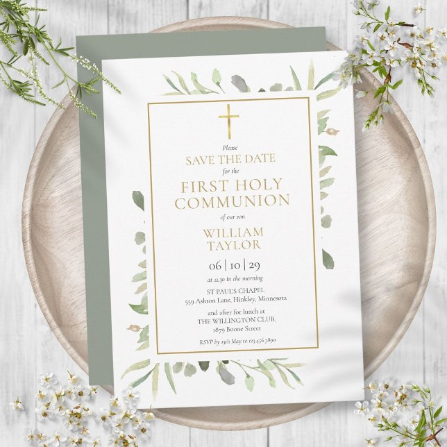 Erste Heilige Kommunion Elegant Grüne Save The Date (First Holy Communion Elegant Greenery Save The Date)