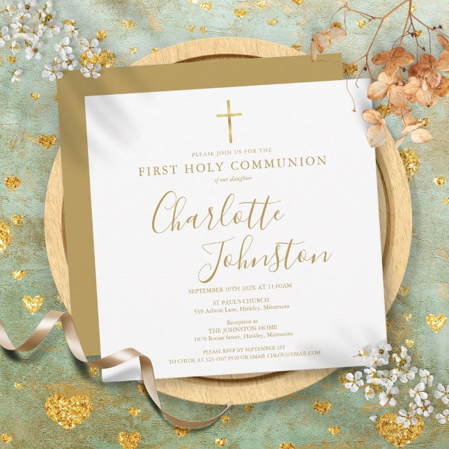 Erste Heilige Kommunion Elegante Gold Signatur Einladung (First Holy Communion Elegant Gold Signature Invitation)