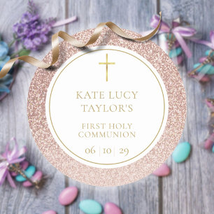 Erste heilige Kommunion Elegante Rose Gold Glitter Runder Aufkleber