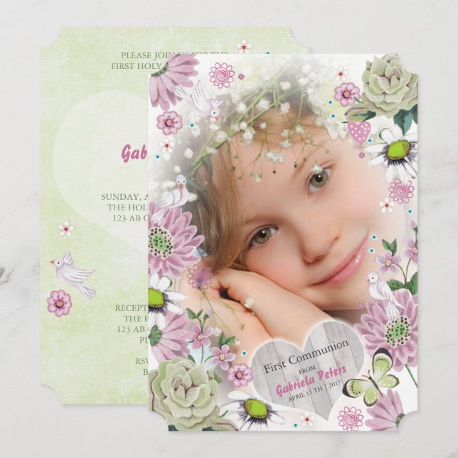 Erste Heilige Kommunion Floral | FOTO Einladung (Vorne/Hinten)