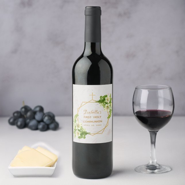 Erste heilige Kommunion Floral Lilies Gold Marmor Weinetikett (Von Creator hochgeladen)