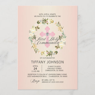 Erste Heilige Kommunion Floral Pink Cross GIRL + P Einladung