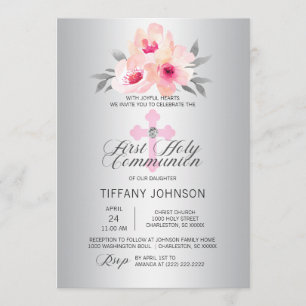 Erste Heilige Kommunion Floral Pink Cross GIRL + P Einladung