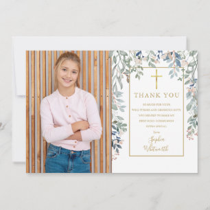 Erste heilige Kommunion Florale Blattfotografie Go Dankeskarte