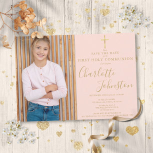 Erste heilige Kommunion Foto in Rosa mit goldenem Save The Date