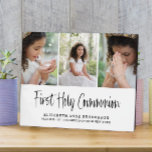 Erste Heilige Kommunion FotoCollage Fotoplatte<br><div class="desc">Stilvolle,  moderne Collage-Plakette aus Foto. Die erste heilige Kommunion wird in einem ausgeklügelten typografischen Skript mit stilvollen handgeschriebenen Schriften auf weißem Hintergrund vorgestellt. Mit dem Namen,  dem Datum,  dem Ort der Taufe,  ideal als Geschenk oder Sake.</div>