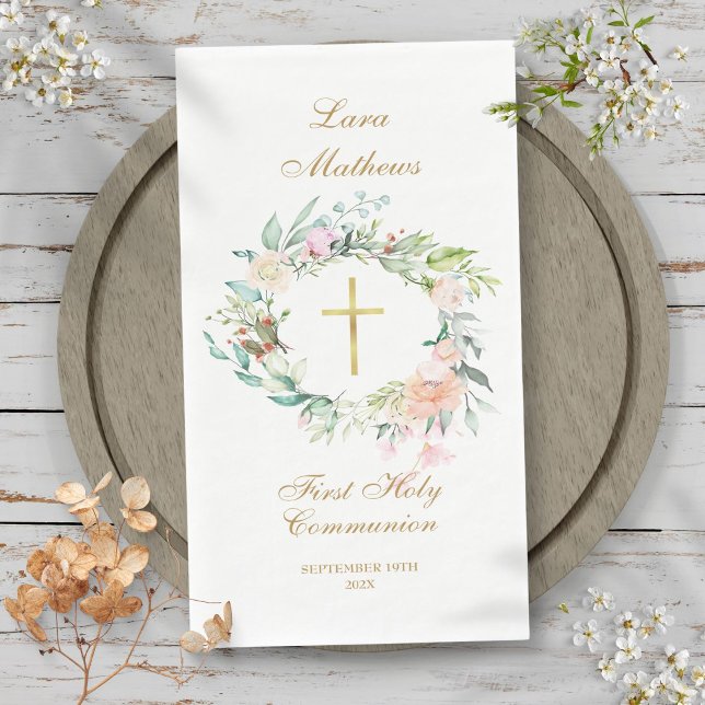 Erste Heilige Kommunion Gold Blumengarten Serviette (First Holy Communion Gold Floral Garland Paper Guest Towels)