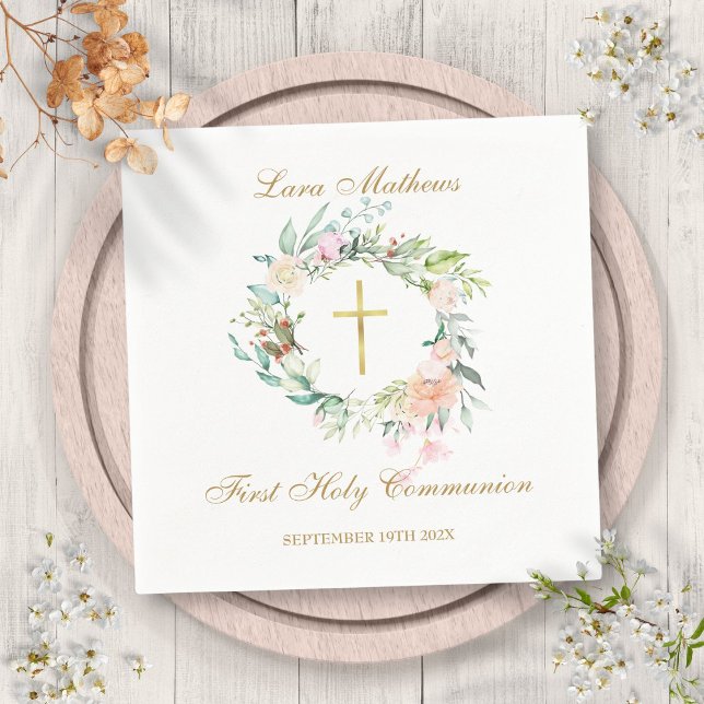 Erste Heilige Kommunion Gold Cross Blumengarland Serviette (First Holy Communion Gold Cross Floral Garland Napkins)