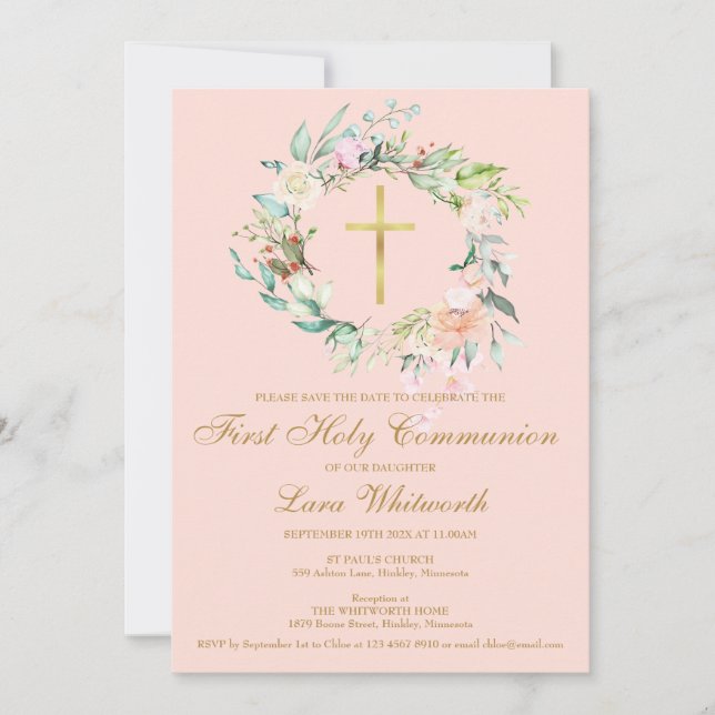Erste heilige Kommunion Gold Cross Blumenrot Rosa Save The Date (Vorderseite)