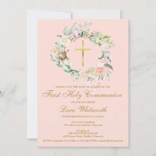 Erste heilige Kommunion Goldkreuz Floral Blush Ros Save The Date