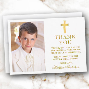 Erste heilige Kommunion Goldkreuz Foto Dankeskarte