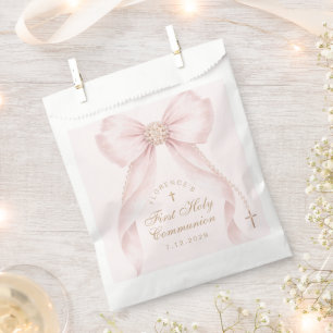 Erste heilige Kommunion Goldkreuz rosa Schleife Geschenktütchen