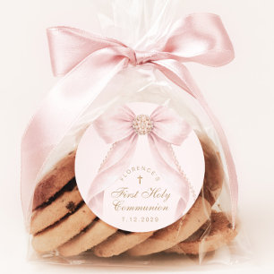 Erste heilige Kommunion Goldkreuz rosa Schleife Runder Aufkleber
