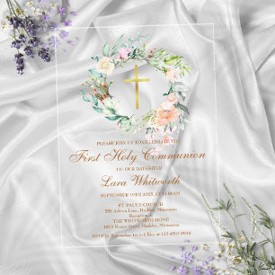 Erste heilige Kommunion Goldkreuz Wasserfarbe Flor Acryleinladungen