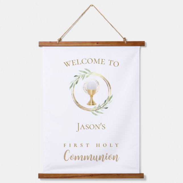 Erste Heilige Kommunion grüne Blätter Wandteppich Mit Holzrahmen (Vorderseite)