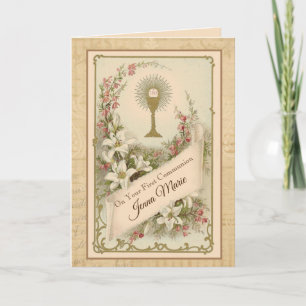 Erste heilige Kommunion Hostienkelch Vintage-Rosen Feiertagskarte