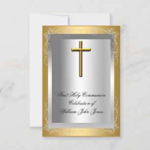 Erste heilige Kommunion Junge Silber Gold Kreuz Einladung