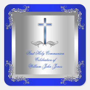 Erste heilige Kommunion Junge Silber königsblau 2T Quadratischer Aufkleber