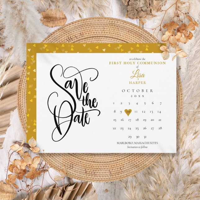 Erste Heilige Kommunion Kalender Gold Herz Save The Date (First Holy Communion Calendar Gold Heart Save The Date)