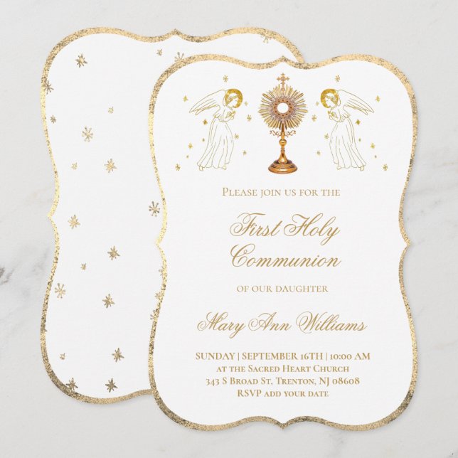 Erste heilige Kommunion katholische Engel Eucharis Einladung (Vorne/Hinten)