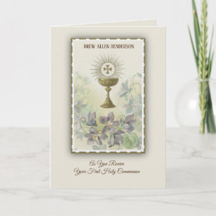 Erste heilige Kommunion Kelch Hostie Blumen Karte