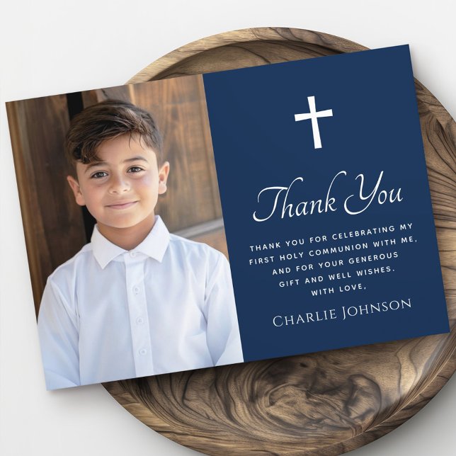 Erste heilige Kommunion Kreuz Foto dunkelblau Dankeskarte (First holy communion cross photo dark blue thank you card)