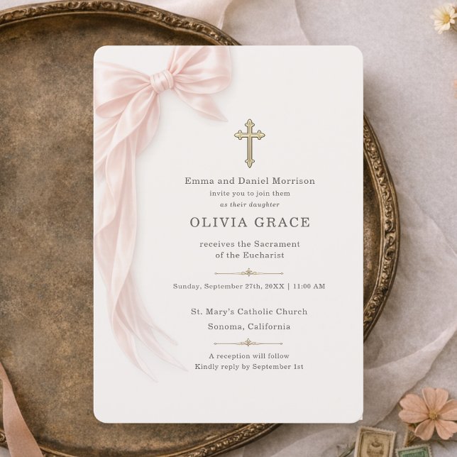 Erste heilige Kommunion Mädchen mit rosa Schleife Einladung (Von Creator hochgeladen)
