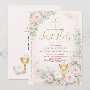 Erste heilige Kommunion Mädchen Rosa Floral Gold  Einladung