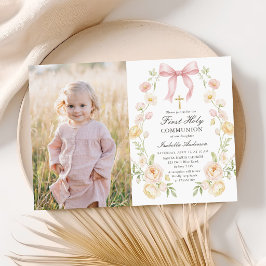 Erste heilige Kommunion Mädchen Rosa Floralbogen F Einladung