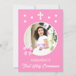 Erste heilige Kommunion Mädchen Rosa Gingham-Schle Einladung
