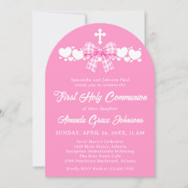 Erste heilige Kommunion Mädchen Rosa Gingham-Schle Einladung