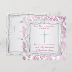 Erste heilige Kommunion Mädchen Rosa Silber Kreuz Einladung