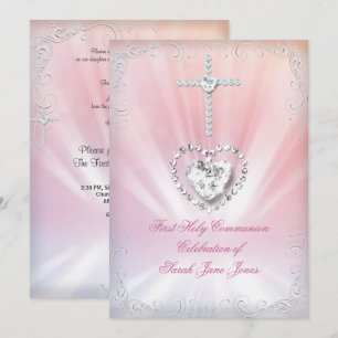Erste heilige Kommunion Mädchen Weiß Rosa Himmlisc Einladung